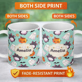 Personalized Custom Name Cute Kawaii Ghost Bat Candy Pumpkin Seamless Pattern Mint 11oz Ceramic Coffee Tea Mug White Large Handle