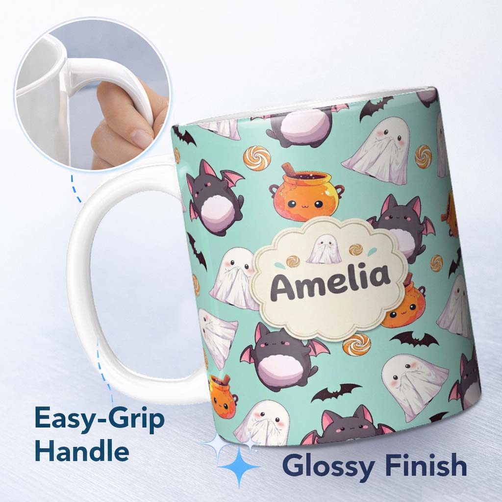Personalized Custom Name Cute Kawaii Ghost Bat Candy Pumpkin Seamless Pattern Mint 11oz Ceramic Coffee Tea Mug White Large Handle