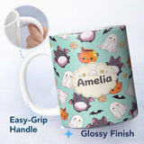 Personalized Custom Name Cute Kawaii Ghost Bat Candy Pumpkin Seamless Pattern Mint 11oz Ceramic Coffee Tea Mug White Large Handle