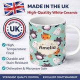 Personalized Custom Name Cute Kawaii Ghost Bat Candy Pumpkin Seamless Pattern Mint 11oz Ceramic Coffee Tea Mug White Large Handle
