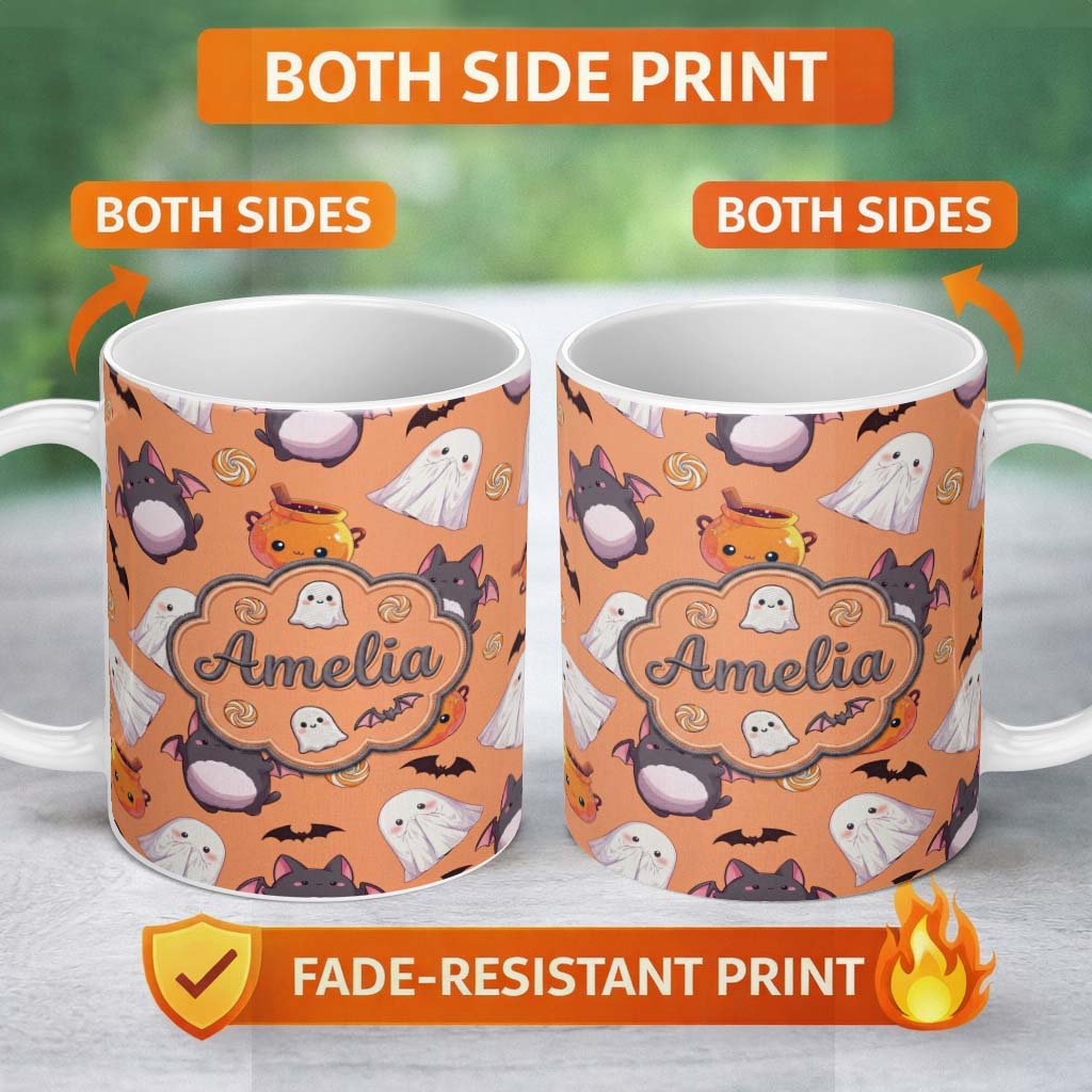 Personalized Custom Name Cute Kawaii Ghost Bat Candy Pumpkin Seamless Pattern Orange 11oz Ceramic Coffee Tea Mug White Large Handle