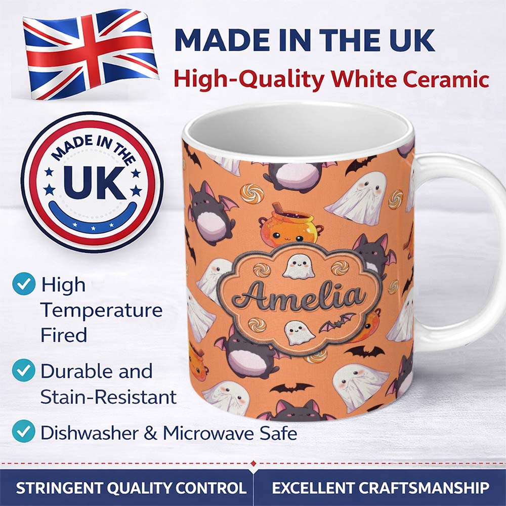 Personalized Custom Name Cute Kawaii Ghost Bat Candy Pumpkin Seamless Pattern Orange 11oz Ceramic Coffee Tea Mug White Large Handle