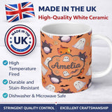 Personalized Custom Name Cute Kawaii Ghost Bat Candy Pumpkin Seamless Pattern Orange 11oz Ceramic Coffee Tea Mug White Large Handle