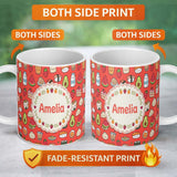 Personalized Custom Name Cute Kawaii Food Characters Seamless Pattern Red Background Fun 11oz Ceramic Coffee Tea Mug White Large Handle