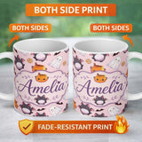 Personalized Custom Name Cute Kawaii Ghost Bat Candy Pumpkin Seamless Pattern Blush Pink 11oz Ceramic Coffee Tea Mug White Large Handle