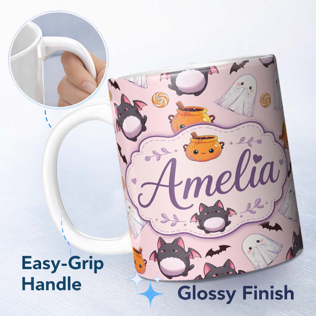 Personalized Custom Name Cute Kawaii Ghost Bat Candy Pumpkin Seamless Pattern Blush Pink 11oz Ceramic Coffee Tea Mug White Large Handle