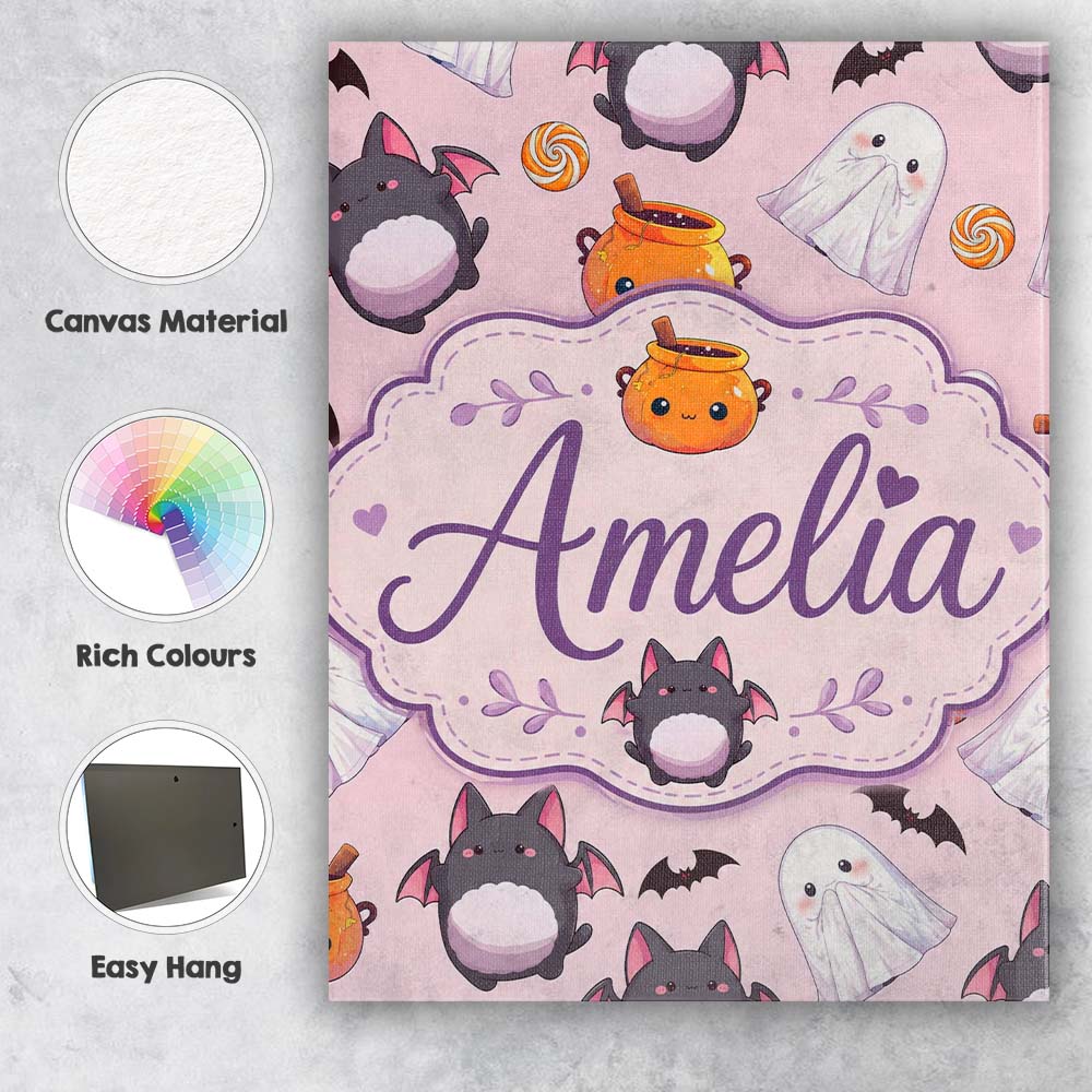 Personalised Name Cute Kawaii Ghost Bat Custom  Modern Room Accent Elegant Feature Canvas Wall Art Print Decor Picture Ready to Hang