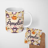 Personalized Custom Name Cute Kawaii Ghost Bat Candy Pumpkin Seamless Pattern Soft Yellow 11oz Ceramic Coffee Tea Mug White Large Handle