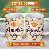 Personalized Custom Name Cute Kawaii Ghost Bat Candy Pumpkin Seamless Pattern Soft Yellow 11oz Ceramic Coffee Tea Mug White Large Handle