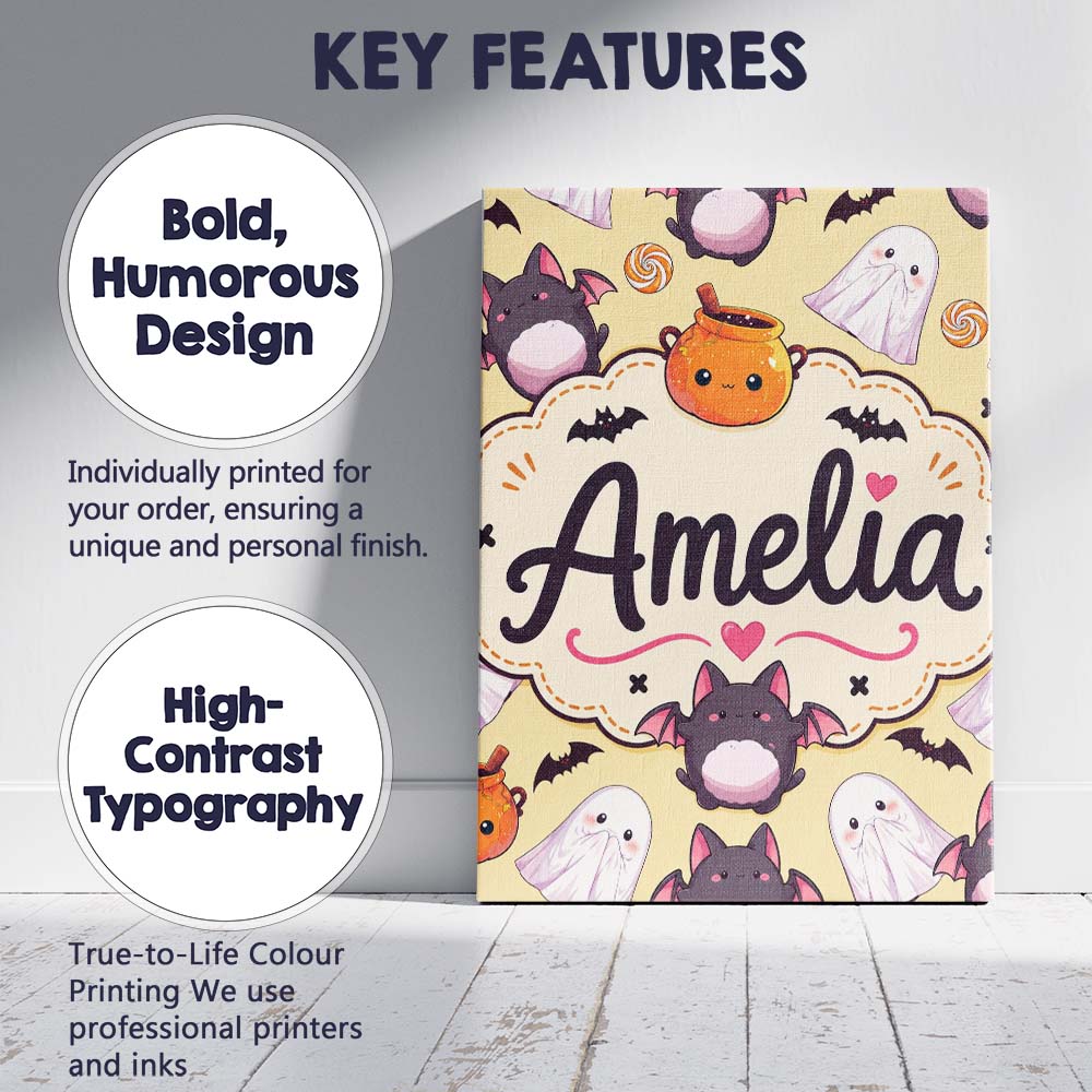 Personalised Name Cute Kawaii Ghost Bat Custom  Modern Room Accent Elegant Feature Canvas Wall Art Print Decor Picture Ready to Hang