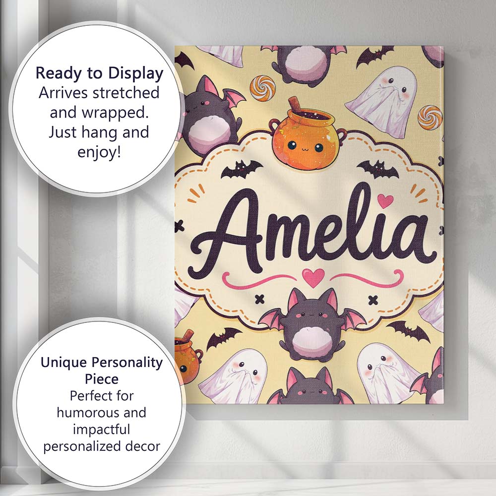 Personalised Name Cute Kawaii Ghost Bat Custom  Modern Room Accent Elegant Feature Canvas Wall Art Print Decor Picture Ready to Hang