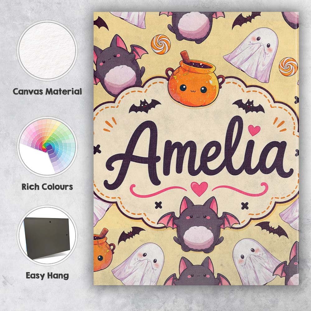 Personalised Name Cute Kawaii Ghost Bat Custom  Modern Room Accent Elegant Feature Canvas Wall Art Print Decor Picture Ready to Hang