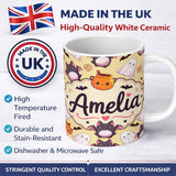 Personalized Custom Name Cute Kawaii Ghost Bat Candy Pumpkin Seamless Pattern Soft Yellow 11oz Ceramic Coffee Tea Mug White Large Handle