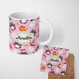 Personalized Custom Name Cute Kawaii Ghost Bat Candy Pumpkin Seamless Pattern Mauve Pink 11oz Ceramic Coffee Tea Mug White Large Handle