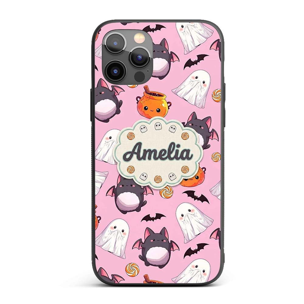 Cute Kawaii Ghost Bat Candy Pumpkin Seamless Custom Name Protective Phone Case Mobile Cover Durable Everyday Smartphone Shock Resistant