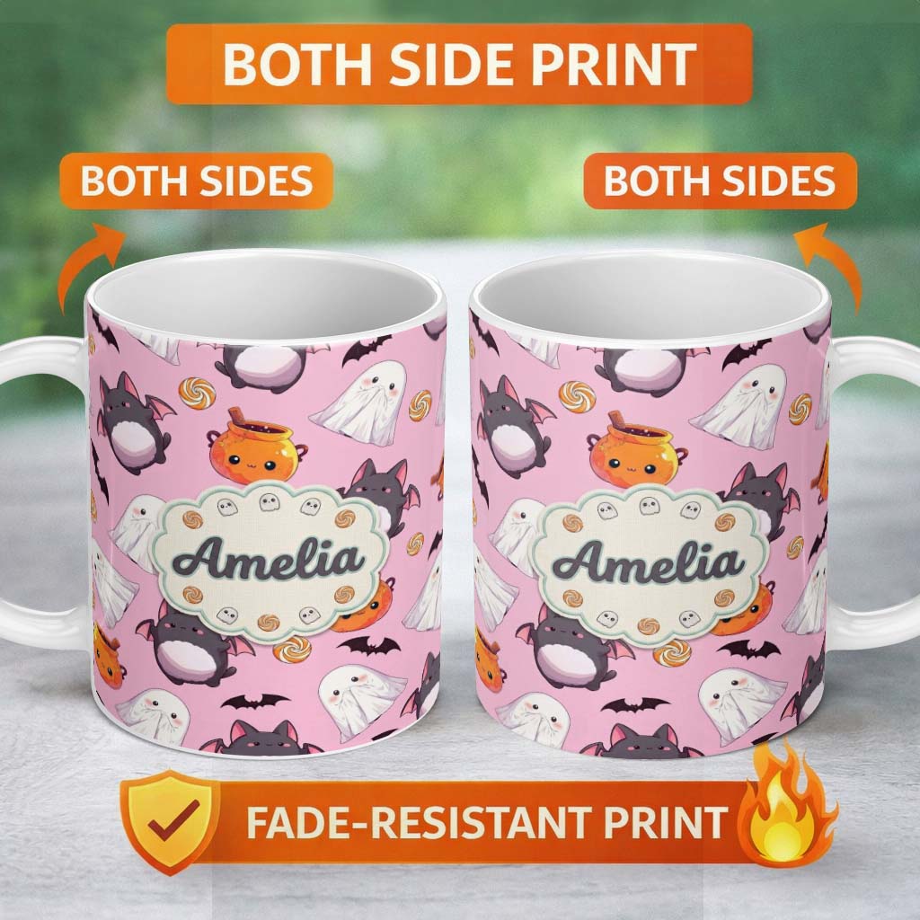 Personalized Custom Name Cute Kawaii Ghost Bat Candy Pumpkin Seamless Pattern Mauve Pink 11oz Ceramic Coffee Tea Mug White Large Handle