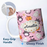 Personalized Custom Name Cute Kawaii Ghost Bat Candy Pumpkin Seamless Pattern Mauve Pink 11oz Ceramic Coffee Tea Mug White Large Handle