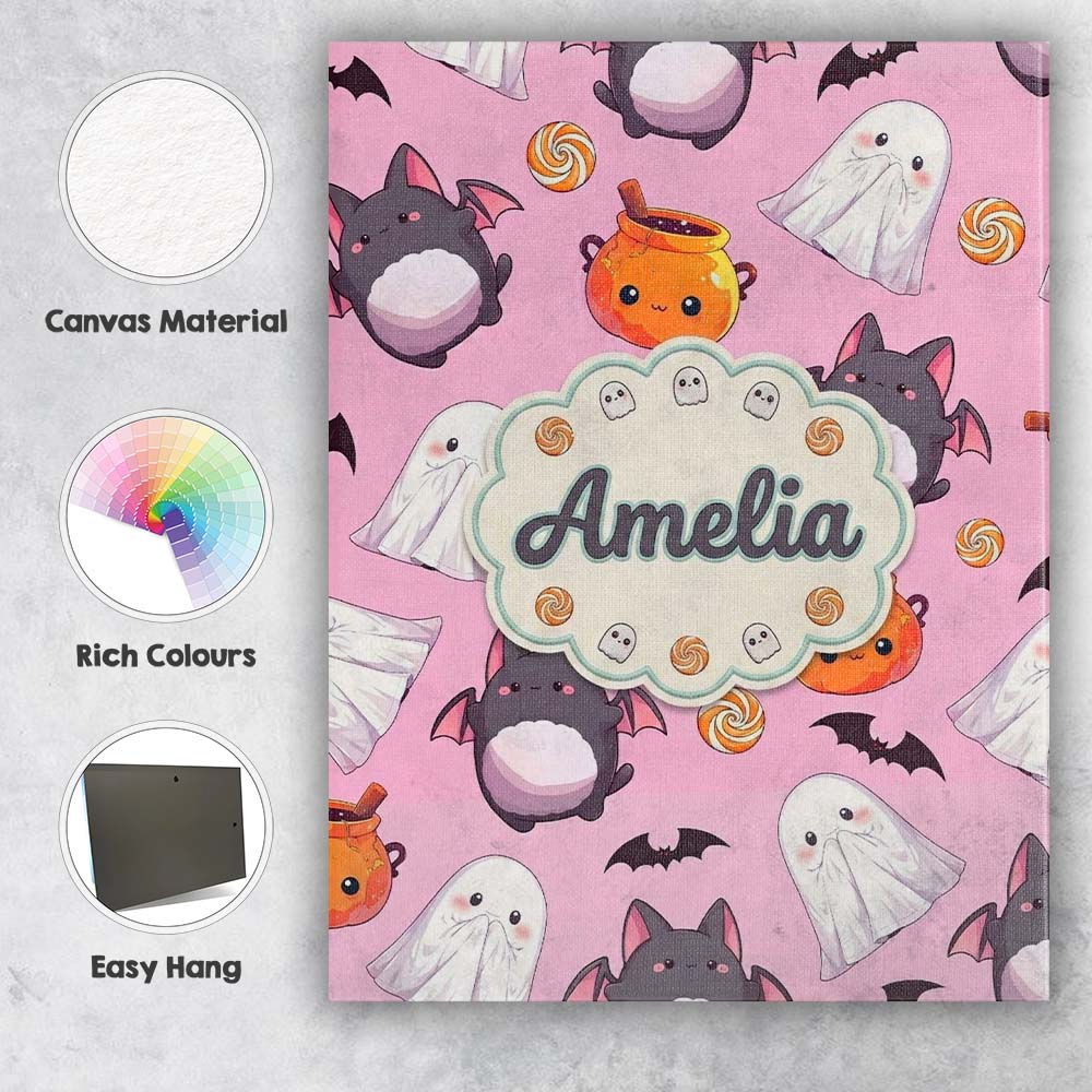 Personalised Name Cute Kawaii Ghost Bat Custom  Modern Room Accent Elegant Feature Canvas Wall Art Print Decor Picture Ready to Hang