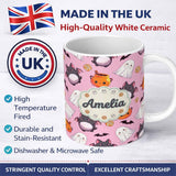 Personalized Custom Name Cute Kawaii Ghost Bat Candy Pumpkin Seamless Pattern Mauve Pink 11oz Ceramic Coffee Tea Mug White Large Handle