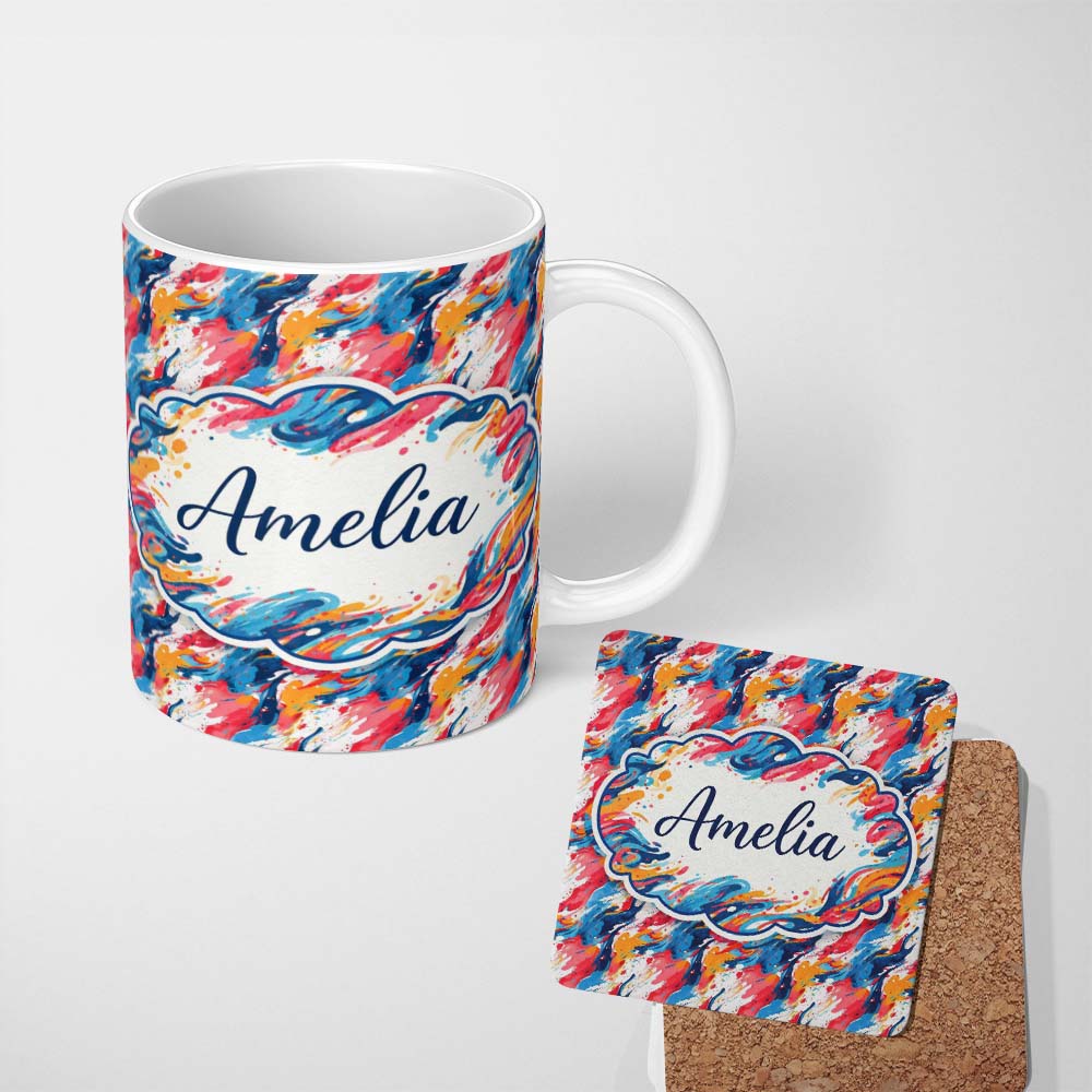 Personalized Custom Name Modern Fluid Marble Teal Red Cream Abstract Pattern Cute Unique Gift 11oz Ceramic Coffee Tea Mug White Large Handle