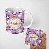 Personalized Custom Name Cute Halloween Ghost Bat Candy Pumpkin Purple Background Seamless 11oz Ceramic Coffee Tea Mug White Large Handle