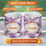 Personalized Custom Name Cute Halloween Ghost Bat Candy Pumpkin Purple Background Seamless 11oz Ceramic Coffee Tea Mug White Large Handle