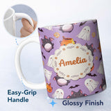Personalized Custom Name Cute Halloween Ghost Bat Candy Pumpkin Purple Background Seamless 11oz Ceramic Coffee Tea Mug White Large Handle
