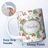 Personalized Custom Name Winter Village with Red Houses Cars and Snowy Trees Seamless Pattern 11oz Ceramic Coffee Tea Mug White Large Handle
