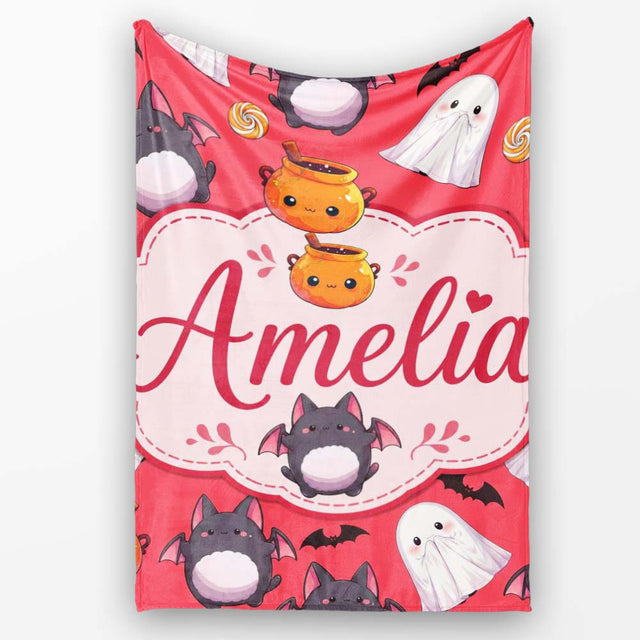 Cute Halloween Ghost Bat Candy Pumpkin Red Background Seamless  Personalised Custom Name Super Soft Fleece Blanket Bed Sofa Throw