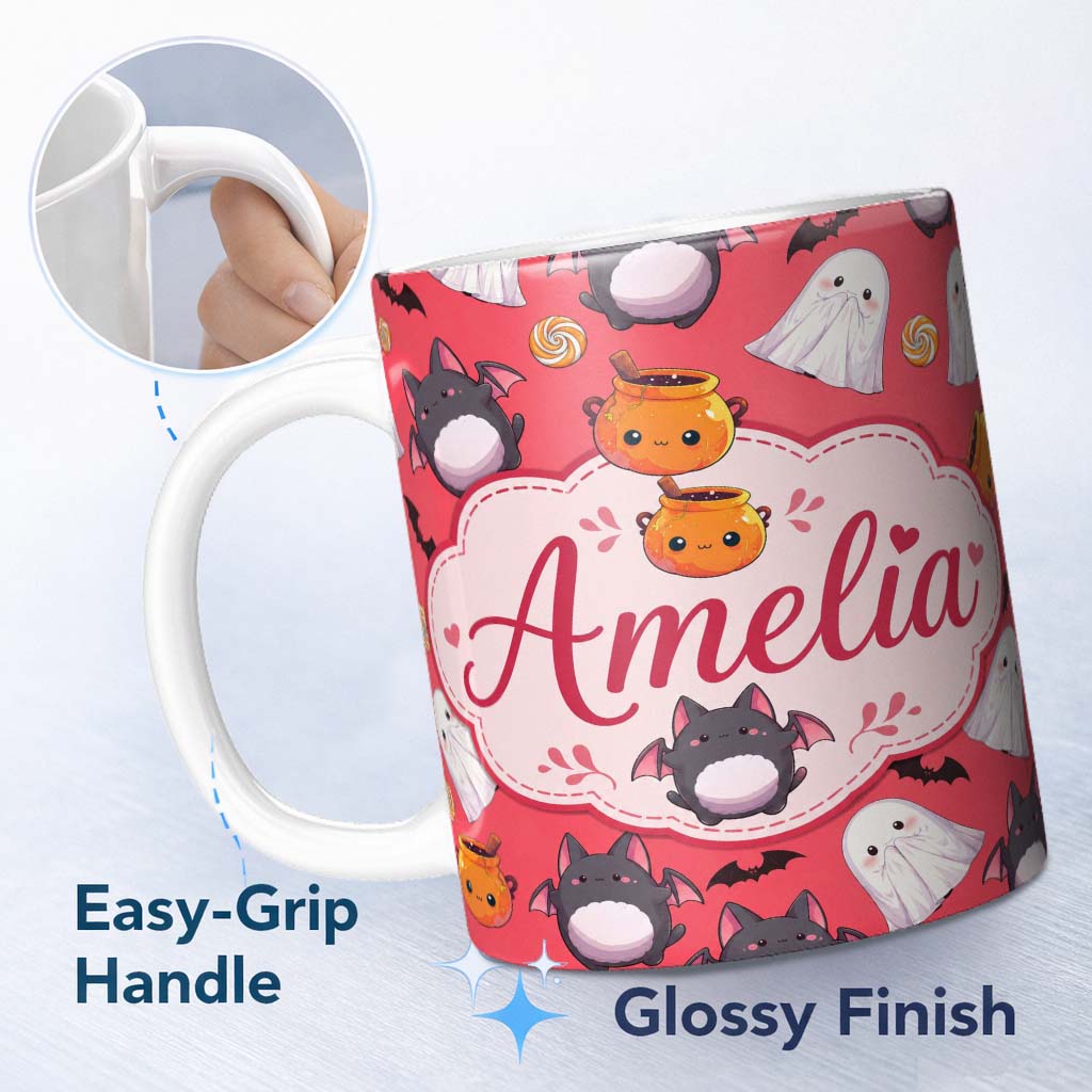 Personalized Custom Name Cute Halloween Ghost Bat Candy Pumpkin Red Background Seamless 11oz Ceramic Coffee Tea Mug White Large Handle