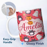 Personalized Custom Name Cute Halloween Ghost Bat Candy Pumpkin Red Background Seamless 11oz Ceramic Coffee Tea Mug White Large Handle