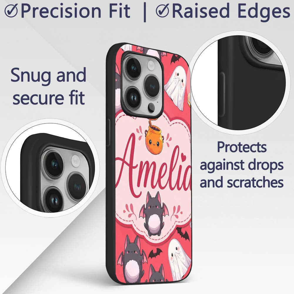 Cute Halloween Ghost Bat Candy Printed Design Custom Name Protective Phone Case Mobile Cover Durable Everyday Smartphone Shock Resistant