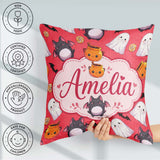 Custom Name Cute Ghost Bat Candy Pumpkin Red Background Seamless Square Filled Cushion Throw Pillow Sofa Bed Home Decor Zip Washable UK Made