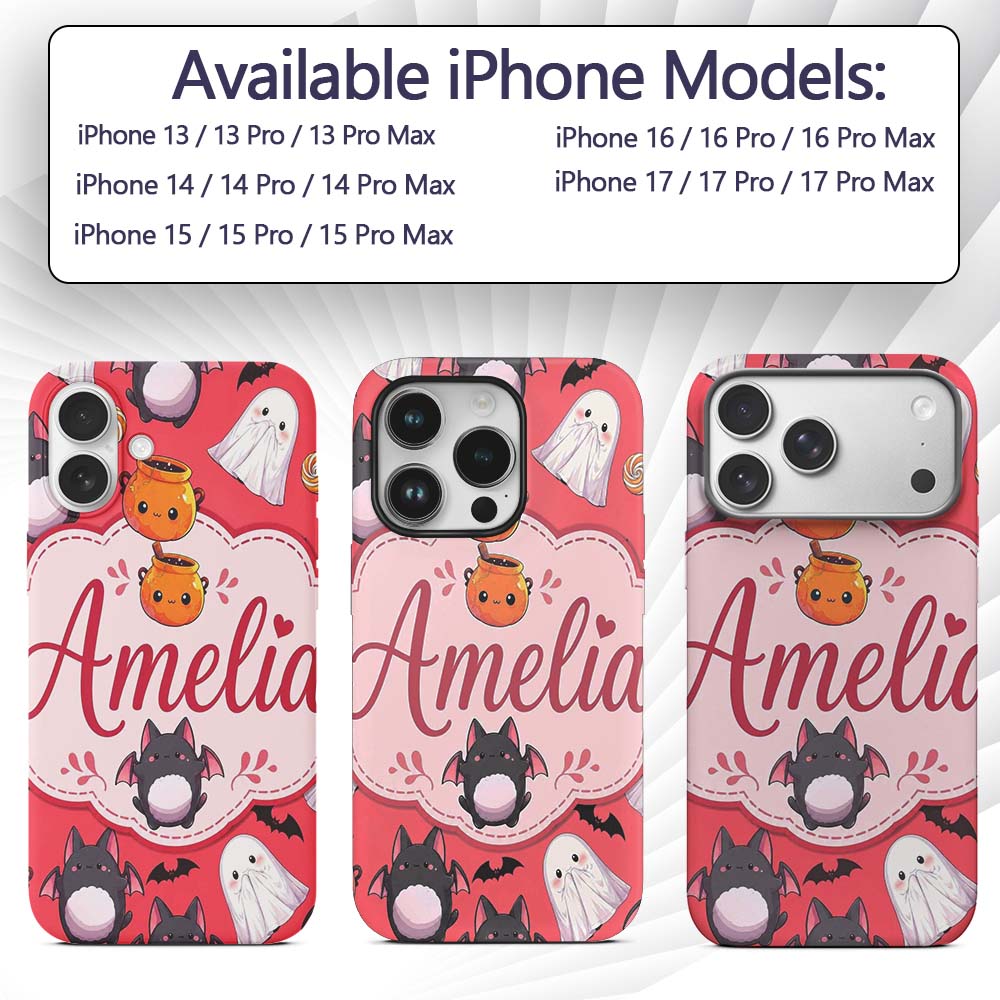 Cute Halloween Ghost Bat Candy Printed Design Custom Name Protective Phone Case Mobile Cover Durable Everyday Smartphone Shock Resistant