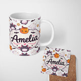 Personalized Custom Name Cute Halloween Ghost Bat Candy Pumpkin Grey Background Seamless 11oz Ceramic Coffee Tea Mug White Large Handle