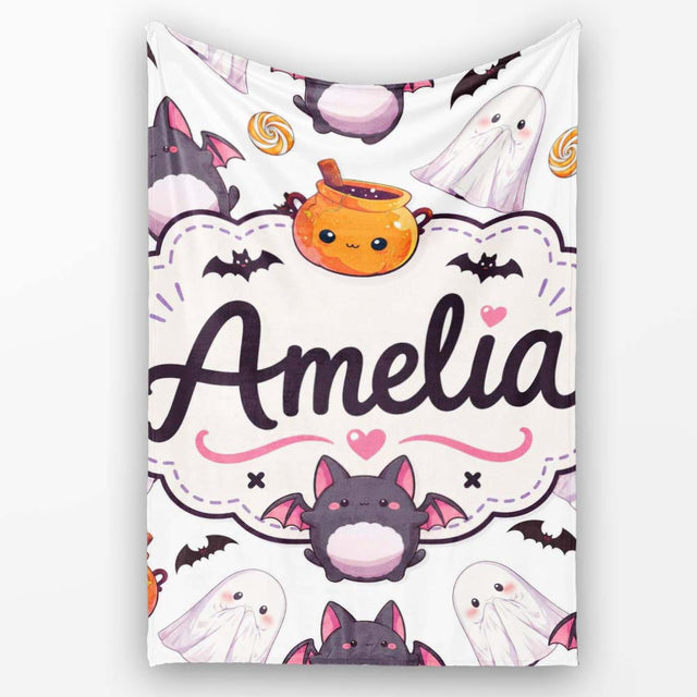 Cute Halloween Ghost Bat Candy Pumpkin Grey Background Seamless  Personalised Custom Name Super Soft Fleece Blanket Bed Sofa Throw