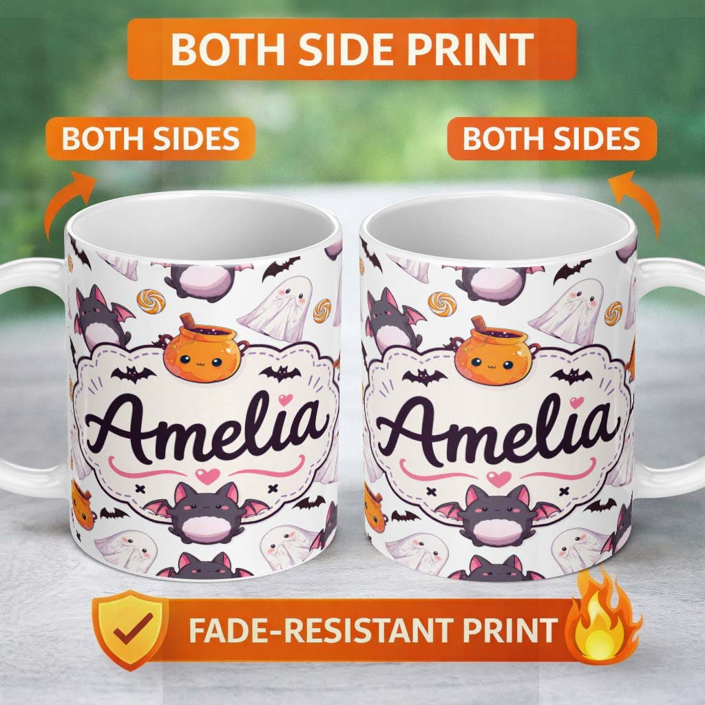 Personalized Custom Name Cute Halloween Ghost Bat Candy Pumpkin Grey Background Seamless 11oz Ceramic Coffee Tea Mug White Large Handle