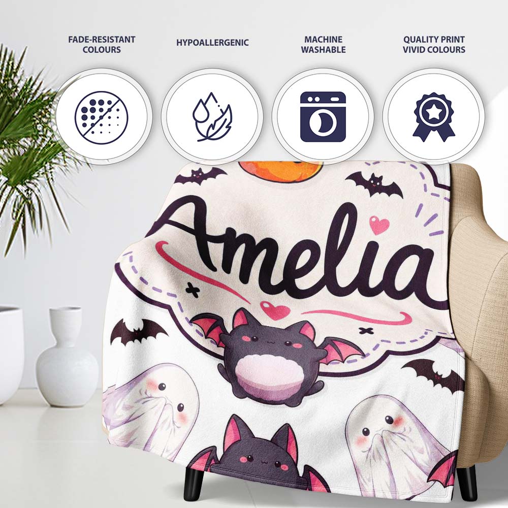 Cute Halloween Ghost Bat Candy Pumpkin Grey Background Seamless  Personalised Custom Name Super Soft Fleece Blanket Bed Sofa Throw