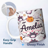 Personalized Custom Name Cute Halloween Ghost Bat Candy Pumpkin Grey Background Seamless 11oz Ceramic Coffee Tea Mug White Large Handle