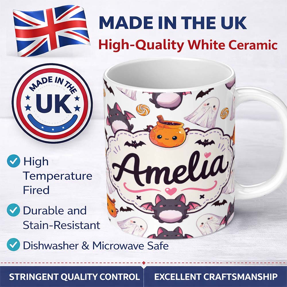Personalized Custom Name Cute Halloween Ghost Bat Candy Pumpkin Grey Background Seamless 11oz Ceramic Coffee Tea Mug White Large Handle