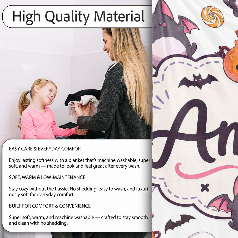 Cute Halloween Ghost Bat Candy Pumpkin Grey Background Seamless  Personalised Custom Name Super Soft Fleece Blanket Bed Sofa Throw