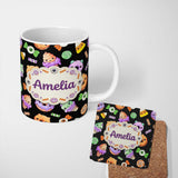 Personalized Custom Name Cute Halloween Sweet Donut Ice Cream Candy Black Background 11oz Ceramic Coffee Tea Mug White Large Handle