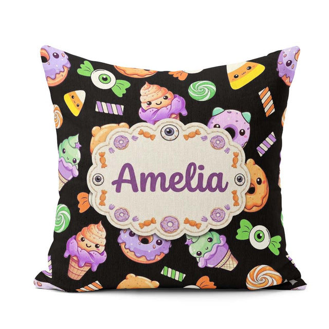 Custom Name Cute Sweet Donut Ice Cream Candy Black Background Square Filled Cushion Throw Pillow Sofa Bed Home Decor Zip Washable UK Made