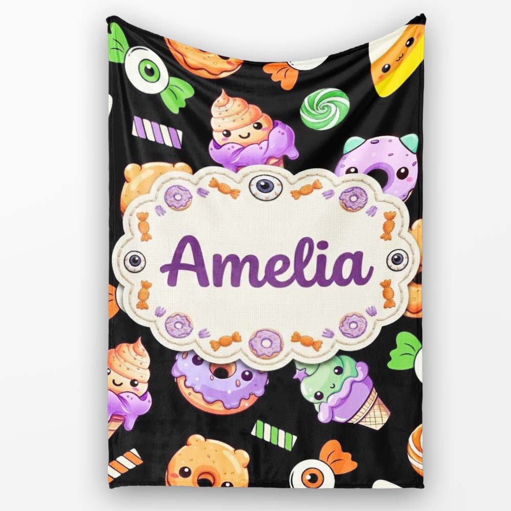 Cute Halloween Sweet Donut Ice Cream Candy Black Background  Personalised Custom Name Super Soft Fleece Blanket Bed Sofa Throw