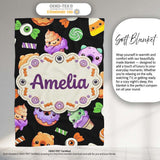 Cute Halloween Sweet Donut Ice Cream Candy Black Background  Personalised Custom Name Super Soft Fleece Blanket Bed Sofa Throw