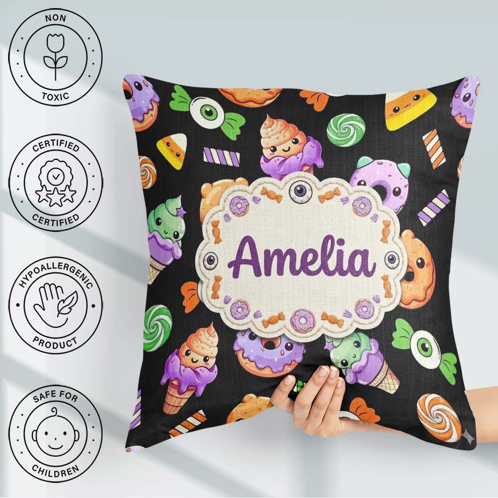 Custom Name Cute Sweet Donut Ice Cream Candy Black Background Square Filled Cushion Throw Pillow Sofa Bed Home Decor Zip Washable UK Made