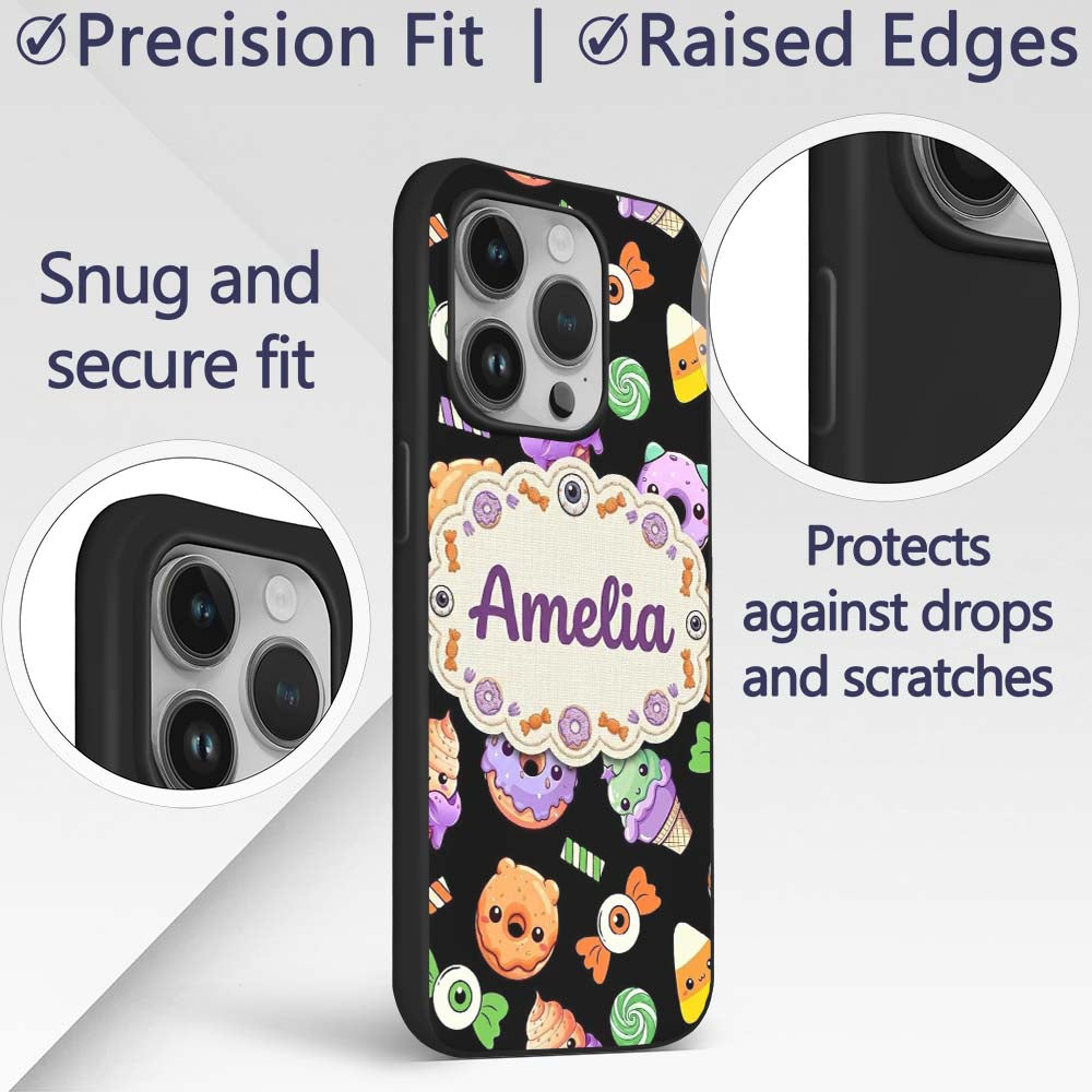 Cute Halloween Sweet Donut Ice Cream Candy Black Custom Name Protective Phone Case Mobile Cover Durable Everyday Smartphone Shock Resistant