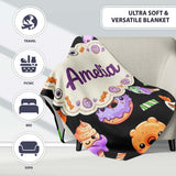 Cute Halloween Sweet Donut Ice Cream Candy Black Background  Personalised Custom Name Super Soft Fleece Blanket Bed Sofa Throw