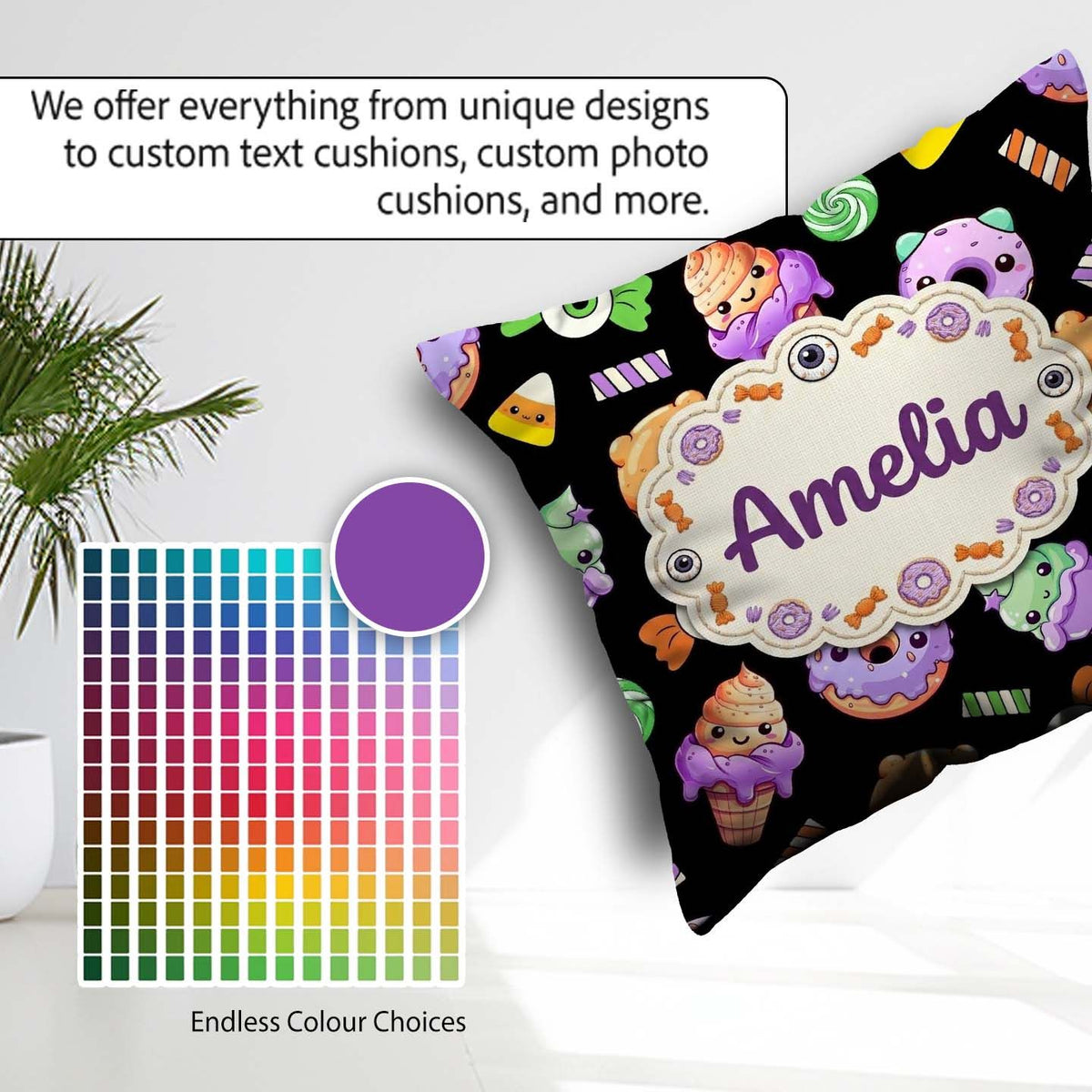 Custom Name Cute Sweet Donut Ice Cream Candy Black Background Square Filled Cushion Throw Pillow Sofa Bed Home Decor Zip Washable UK Made