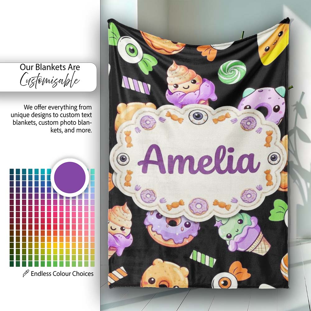 Cute Halloween Sweet Donut Ice Cream Candy Black Background  Personalised Custom Name Super Soft Fleece Blanket Bed Sofa Throw